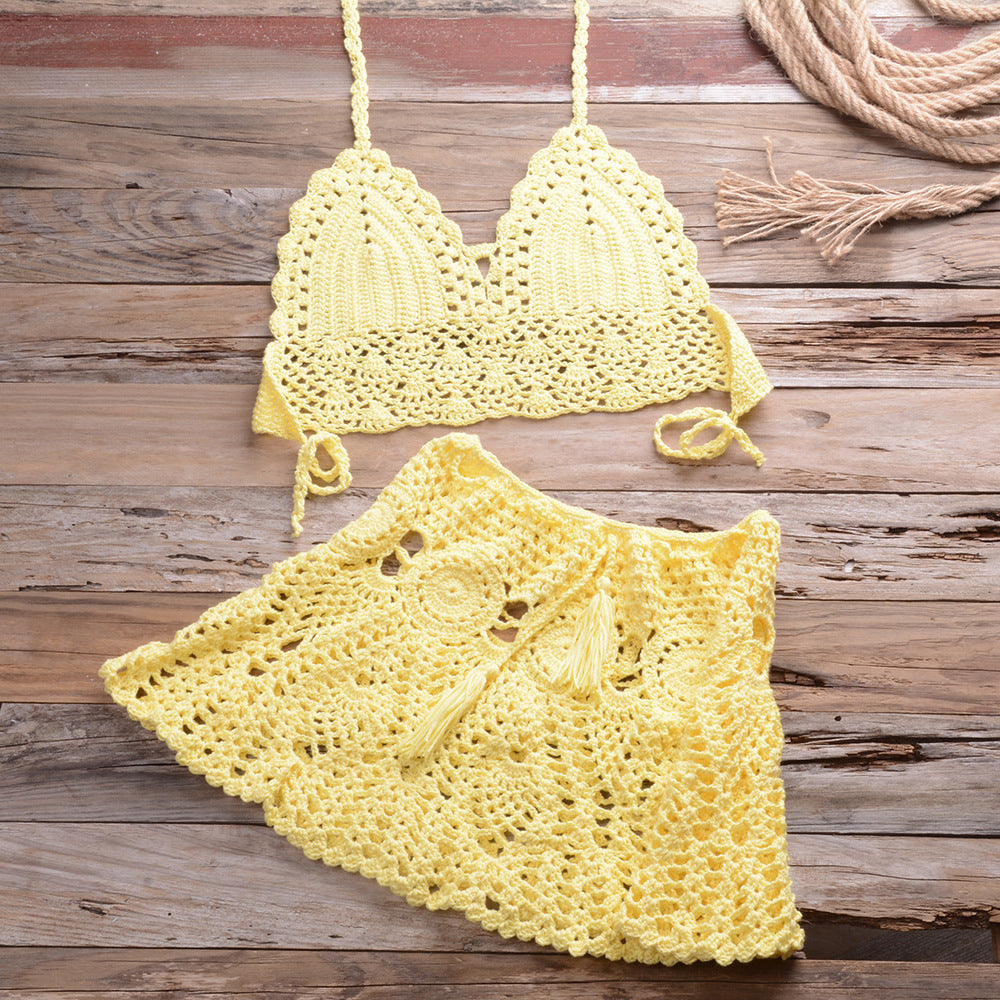 Hand Crocheting Bikini Wrapped Chest with Sexy All-Matching Hollow Out Cutout Pleated Skirt Split Swimsuit Bella Mia